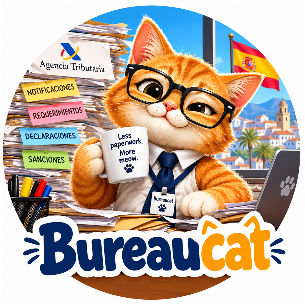 Bureaucat: a cat in glasses and a tie, buried in Spanish paperwork, holding a mug that says Less paperwork. More meow.