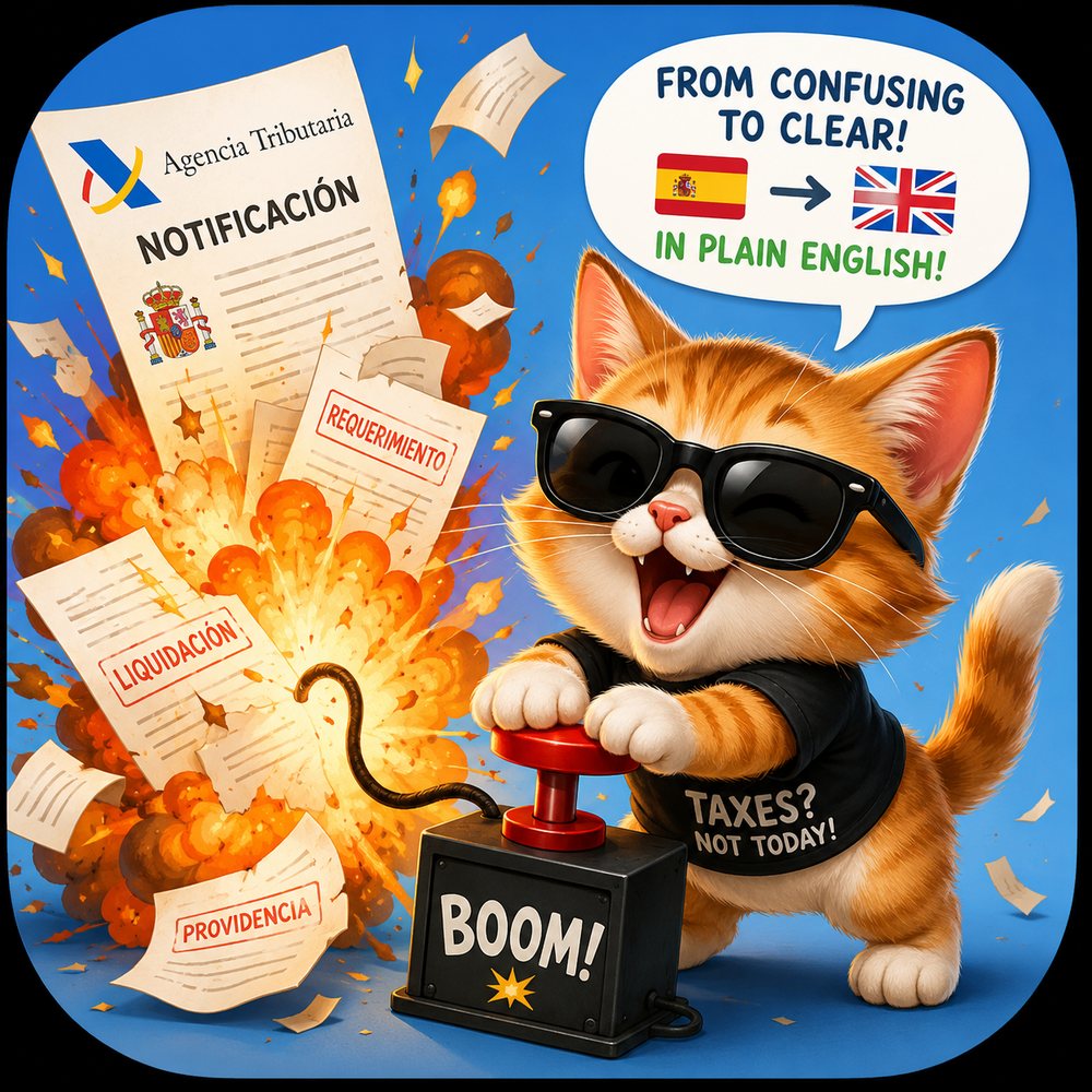 A cat in sunglasses presses a detonator and Spanish tax letters explode, with a speech bubble: from confusing to clear, in plain English.