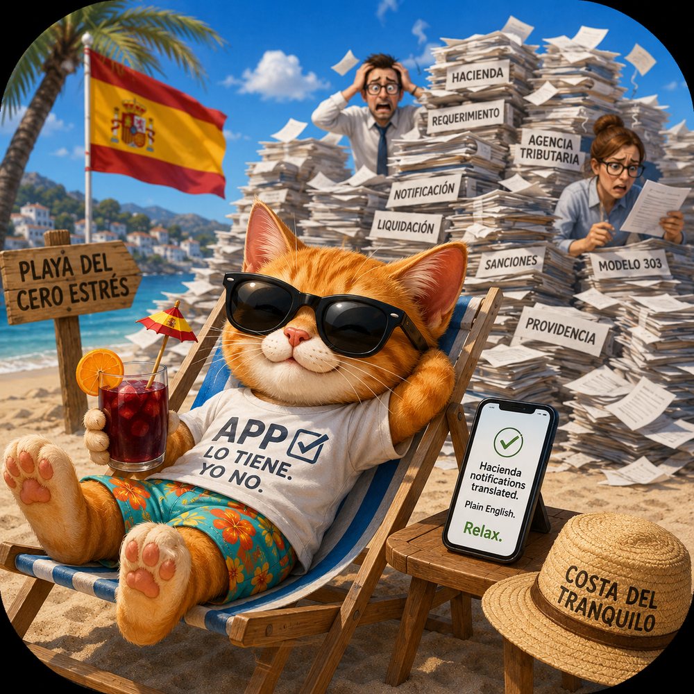 A cat relaxes in a deckchair on a Spanish beach with a drink while other people are buried in tax paperwork; its phone says Hacienda notifications translated, relax.